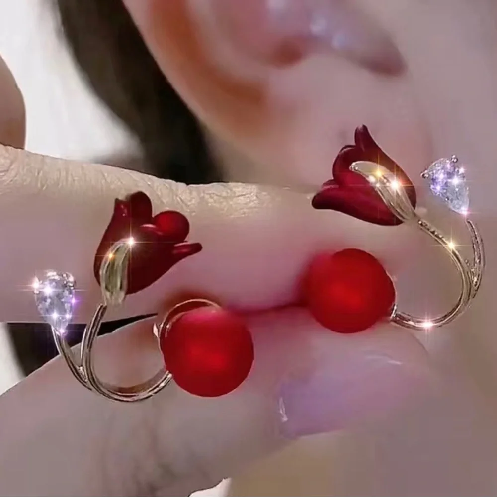 Red flower‎ faux pearl gold plated earrings faux fashion jewelry